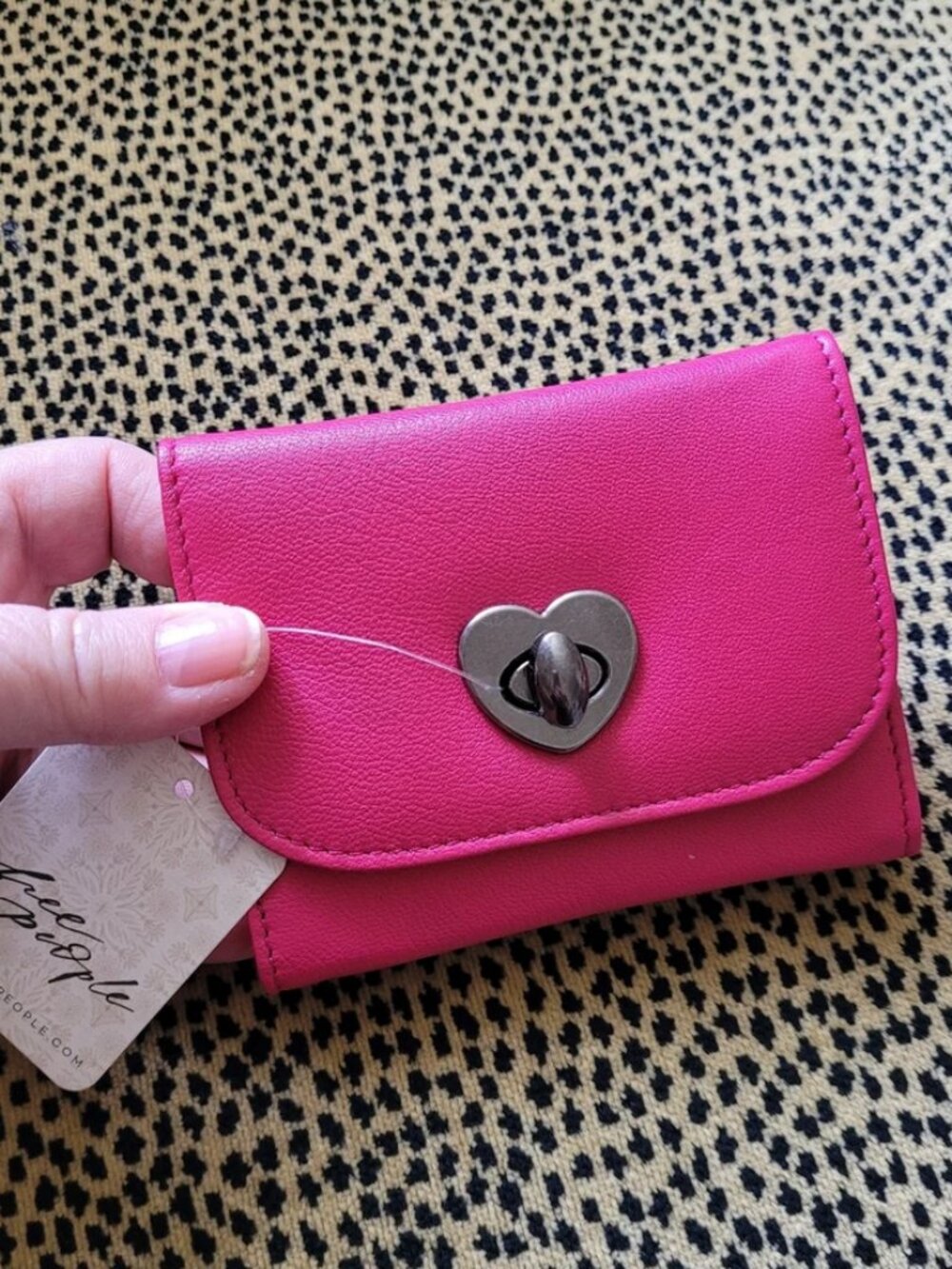 Free People Pink Leather Wallet Heart Turn Lock Snap Closure Card Holder Clutch